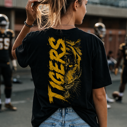T-Shirt — 'TIGERS' Vertical Tiger Eye Graphic Back Print